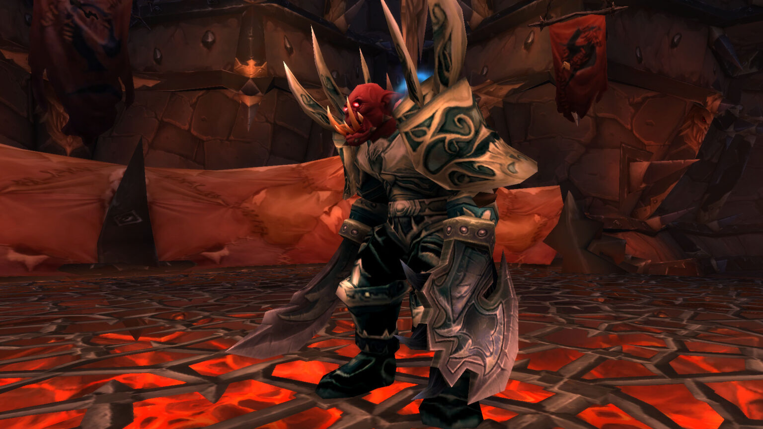 An armored warrior standing in a lava arena